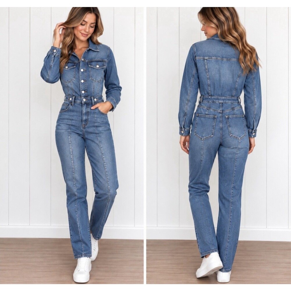 Good American Denim Jumpsuit Womens Size 1 Medium Wash Stretch Long Sleeve